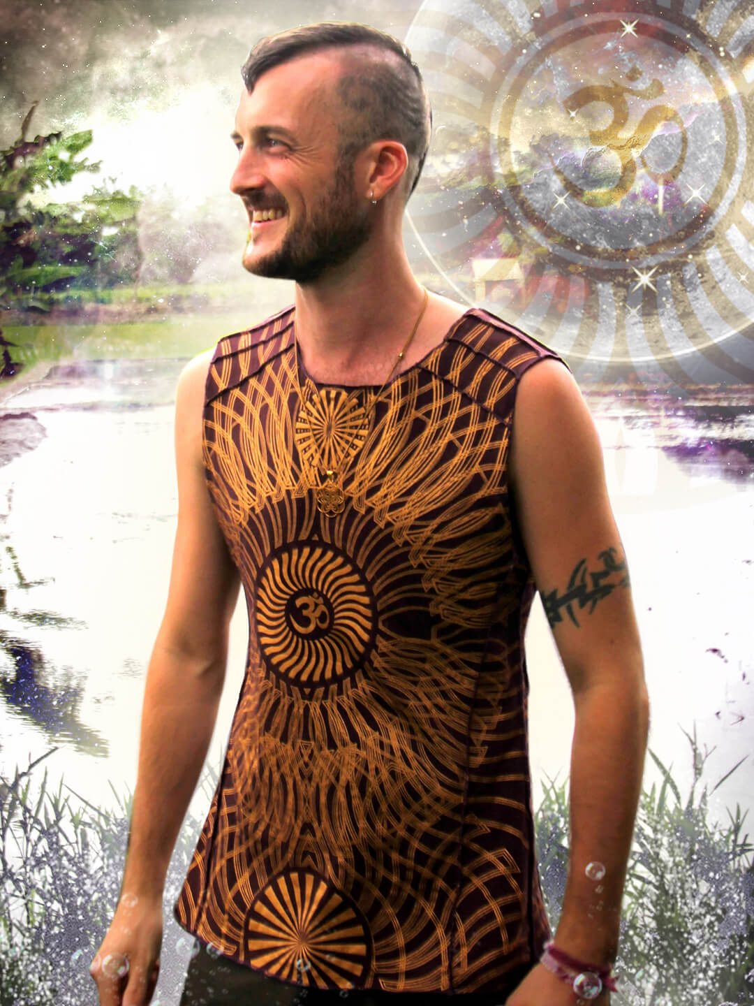Crystal Infused Sleeveless T-Shirt - Ohm of the Rising Sun Sacred Geometry Festival Clothing, Jem-in-Eye Seed of Creation