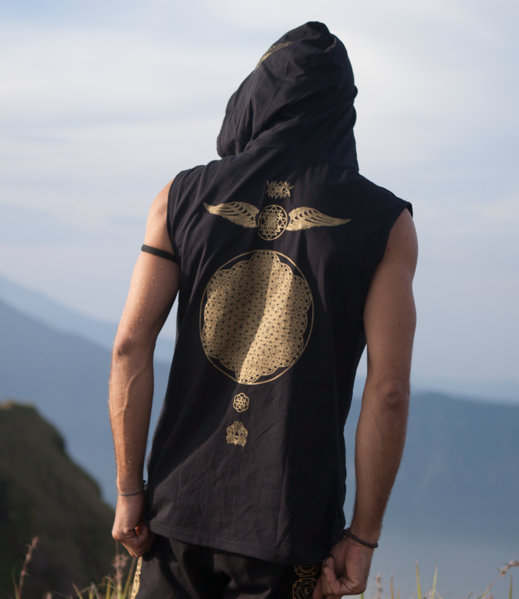 Crystal Infused Sleeveless Hooded T Shirt - Seed of Life Sacred Geometry Eco-Fashion Festival Clothing Crystal Infused Seed of Creation