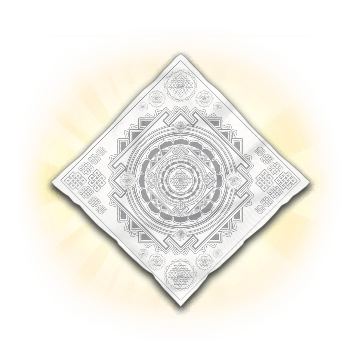 Sri Yantra Tantra crystal infused bandana and altar cloth, Flat lay of white bandana with intricate black geometric pattern, Sri Yantra, Seed of Creation