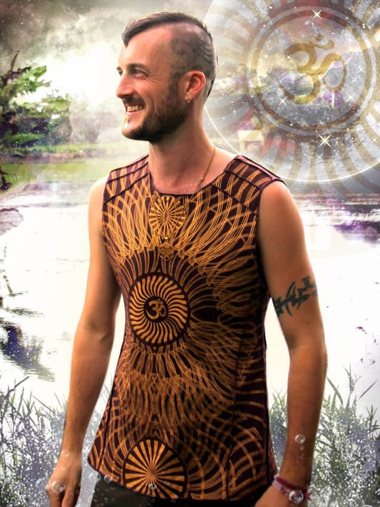 Crystal Infused Sleeveless T-Shirt - Ohm of the Rising Sun Sacred Geometry Festival Clothing, Jem-in-Eye Seed of Creation