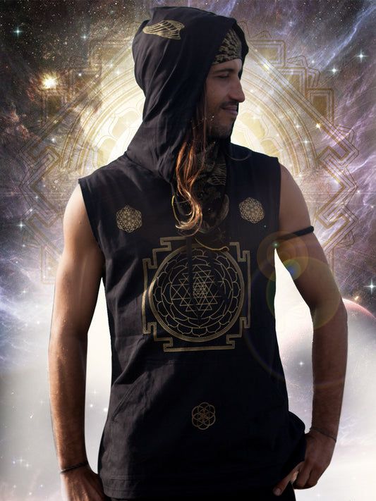 Crystal Infused Sleeveless Hooded T Shirt - Seed of Life Sacred Geometry Eco-Fashion Festival Clothing Crystal Infused Seed of Creation